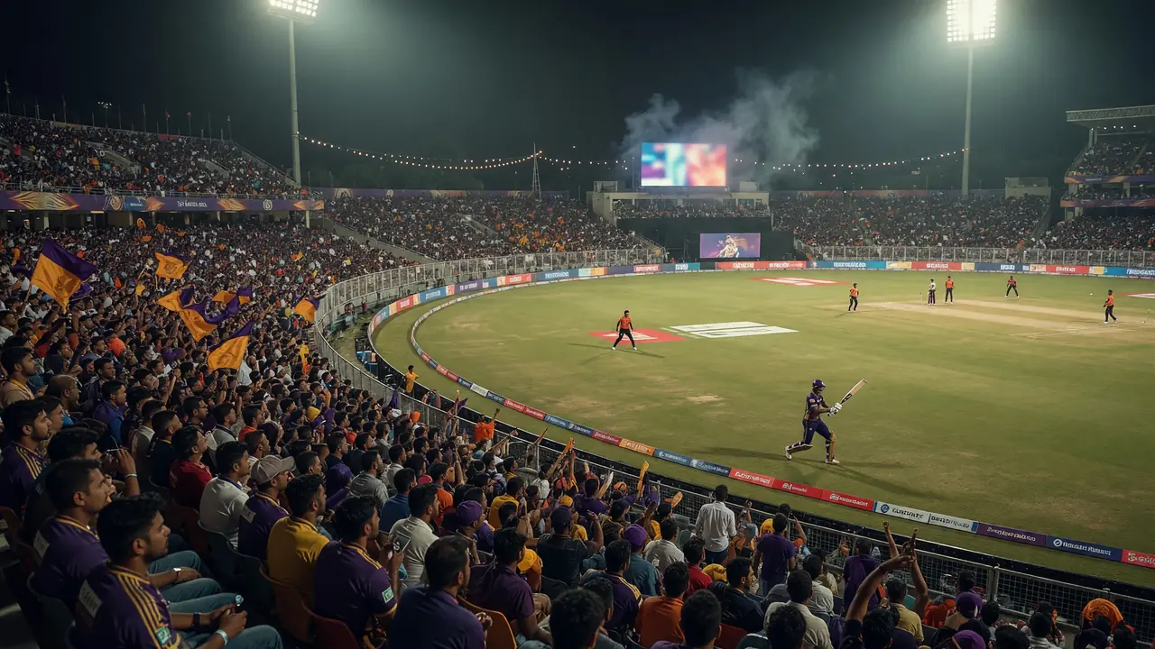Wide night view of a packed cricket stadium with floodlights over a green outfield during a T20 match