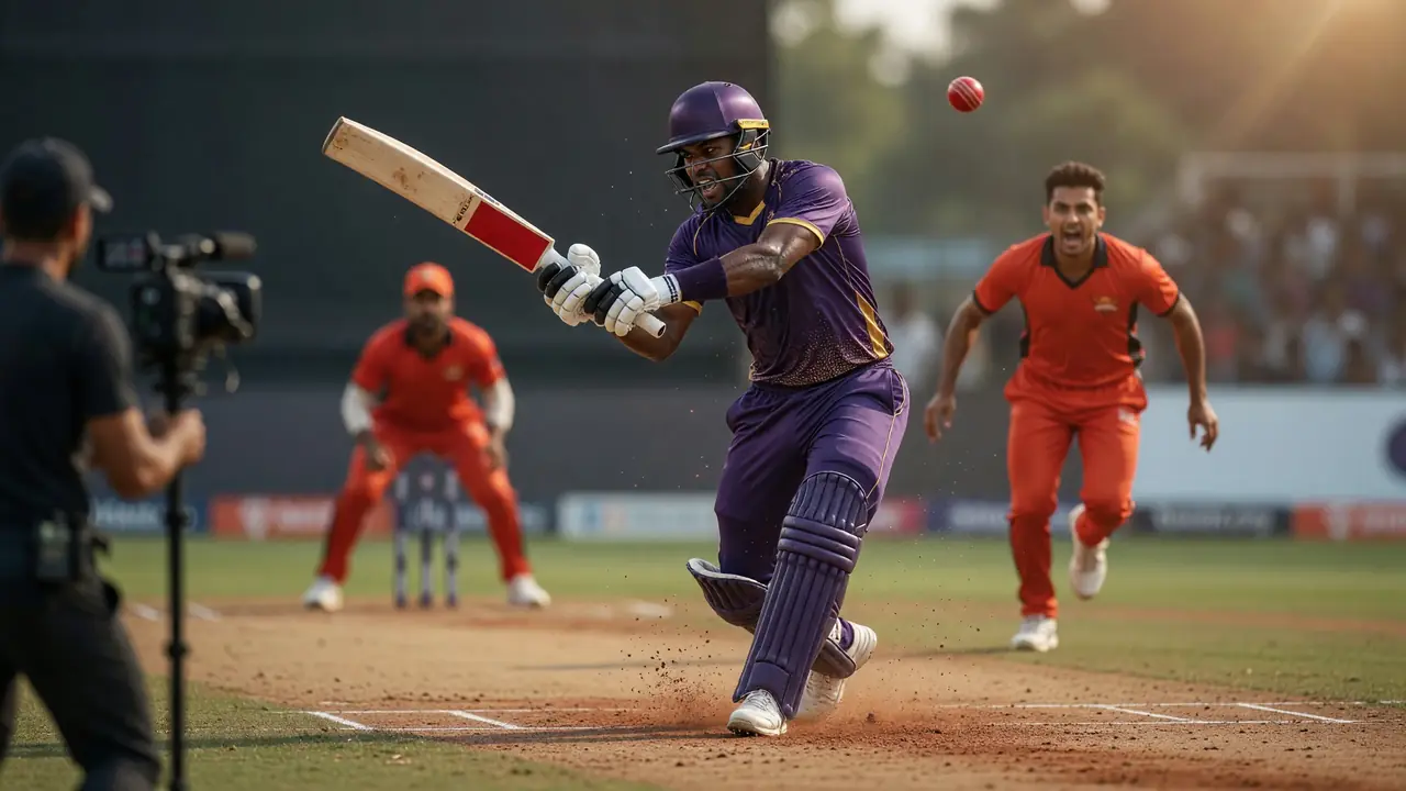 A batter plays an aggressive shot during a night T20 match while a close fielder watches from the ring