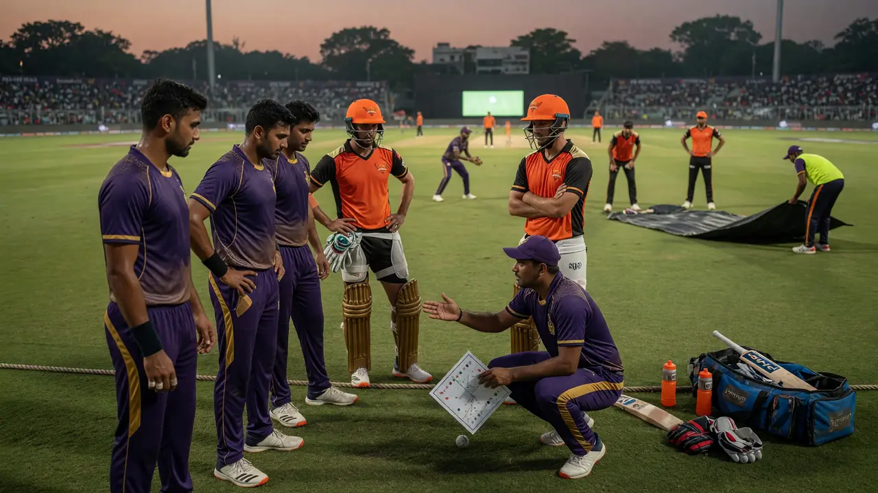 Fielders and a bowler set a tactical ring around the bat during a professional T20 cricket match at night
