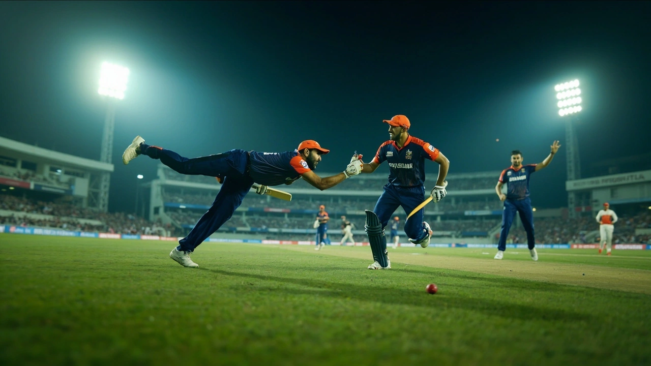 Close fielder completing a diving catch during a night T20 match