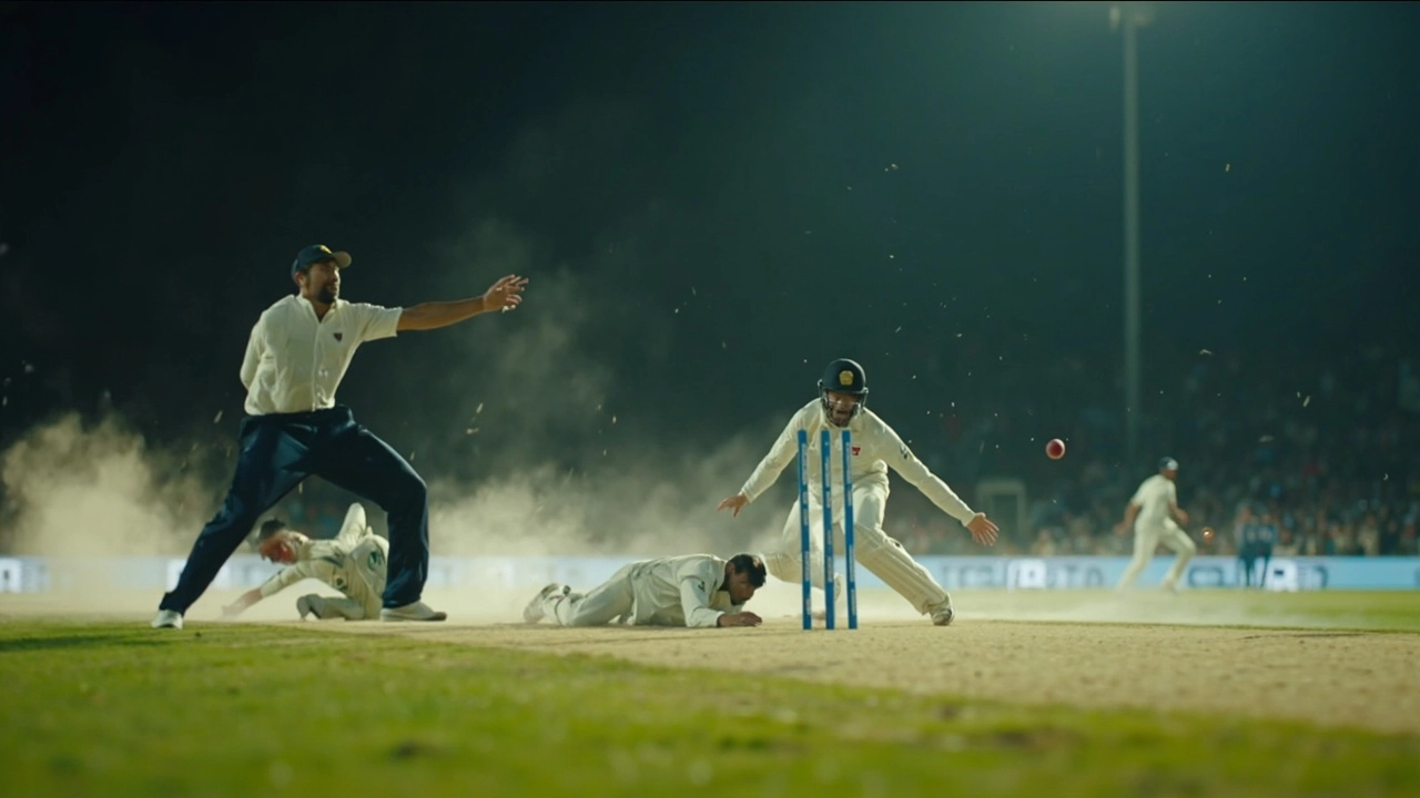 Cricket fielder throwing at the stumps as a batter dives to make the crease