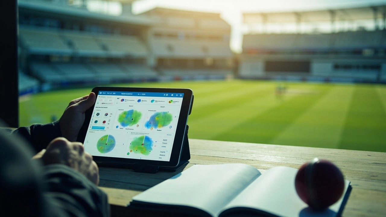 Fantasy cricket analyst reviewing a fielding opportunity map beside a live cricket ground