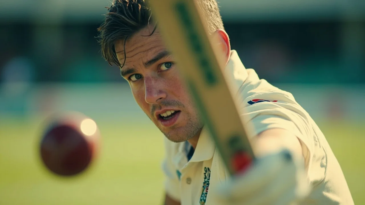 A senior India batter at the crease during a one-day chase, mid-stride between deliveries, against an English ground backdrop