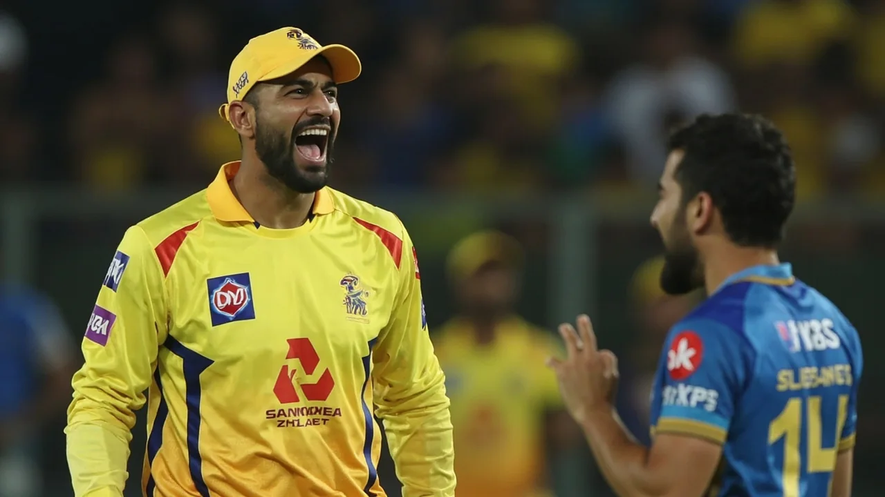 Close side-on view of a wrist spinner's run-up and release during an IPL evening match, with fielders visible behind the bowler