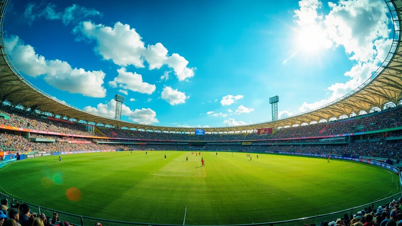 Wide shot of a packed cricket stadium on a bright sunny afternoon, with players in colorful IPL jerseys visible on the field