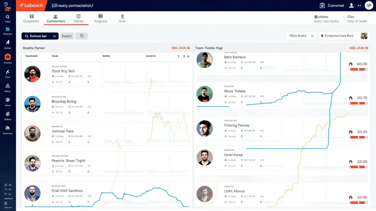 Fantasy cricket team selection tool interface mockup with player cards, salary bars and role filters